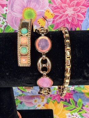 Gold-Tone Pink & Turquoise Stone Bracelet Set